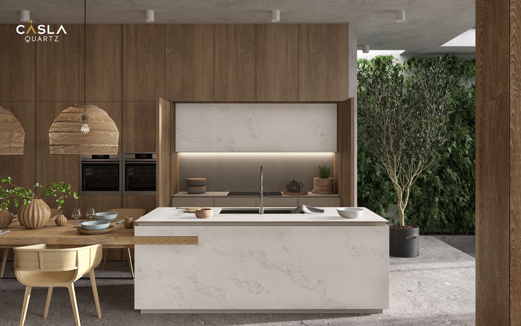 Không gian bếp phong cách nội thất Rustic như được trang điểm thêm phần tinh tế với mặt đá nhân tạo Casla Quartz