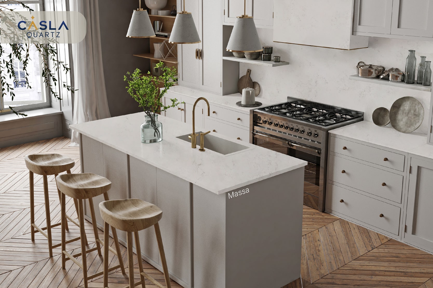 Một sự kết hợp tuyệt mỹ giữa tủ bếp và bàn bếp màu trắng