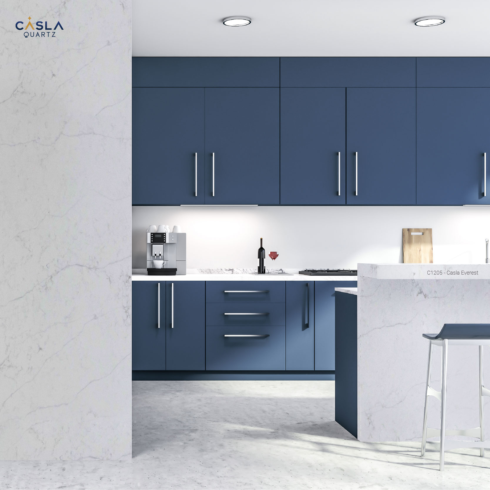 Khi trang trí nhà bếp với đá nhân tạo ốp tường, bàn và đảo bếp đồng bộ kết hợp với màu xanh cổ vịt gợi cảm giác trẻ trung, mới mẻ.
