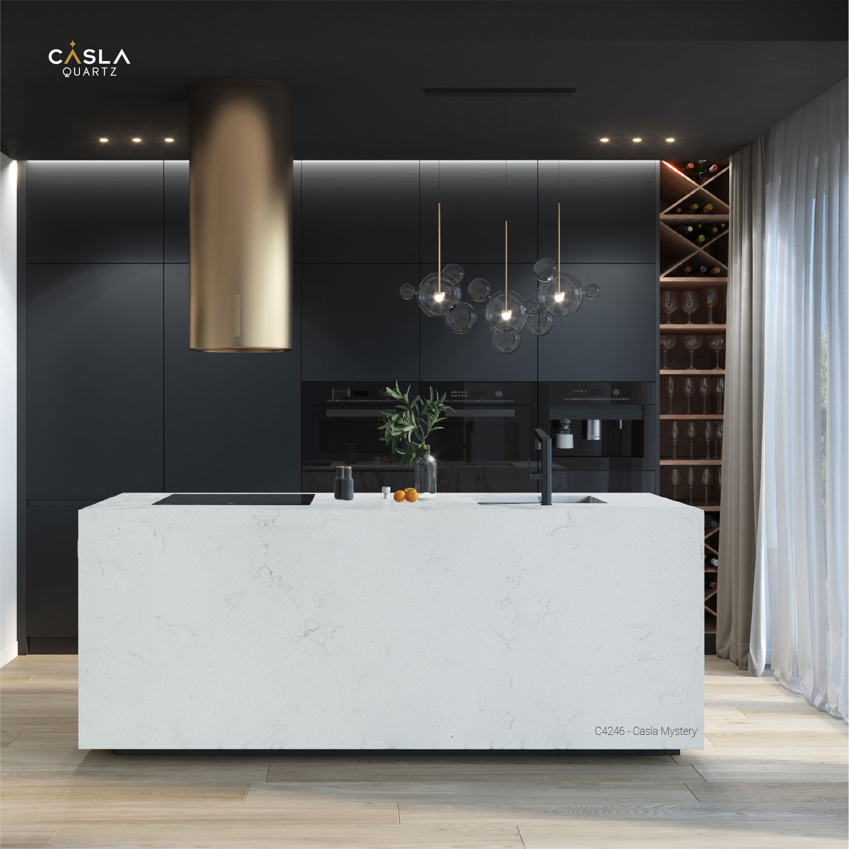 Đá Casla Mystery kết hợp cùng gam màu tối trong phong cách tối giản, đây là một trong những cách trang trí nhà bếp đẹp mà đơn giản nhất.