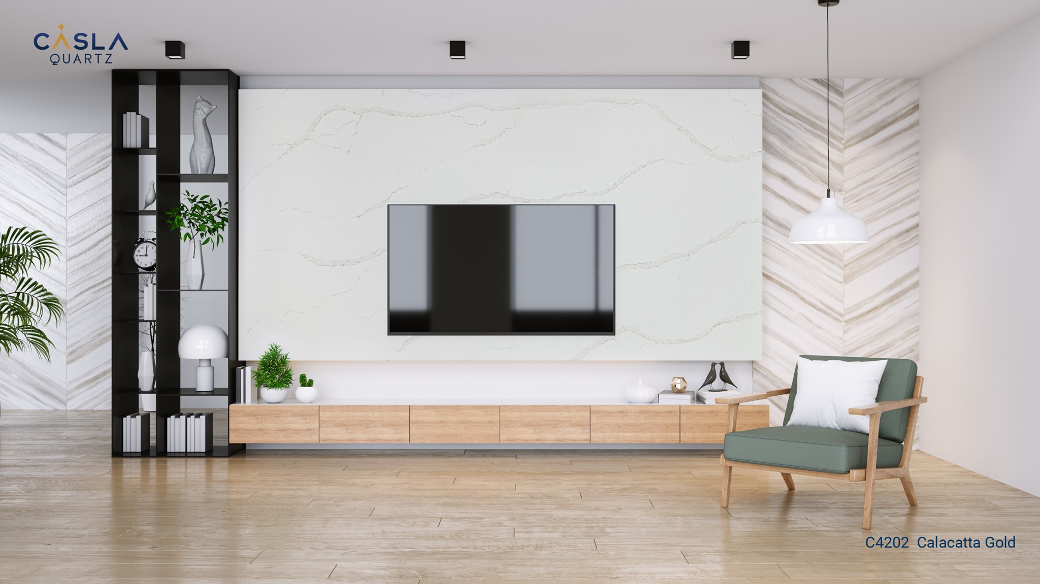 Phòng khách sử dụng đá ốp tường nhân tạo trong phong cách nội thất tối giản